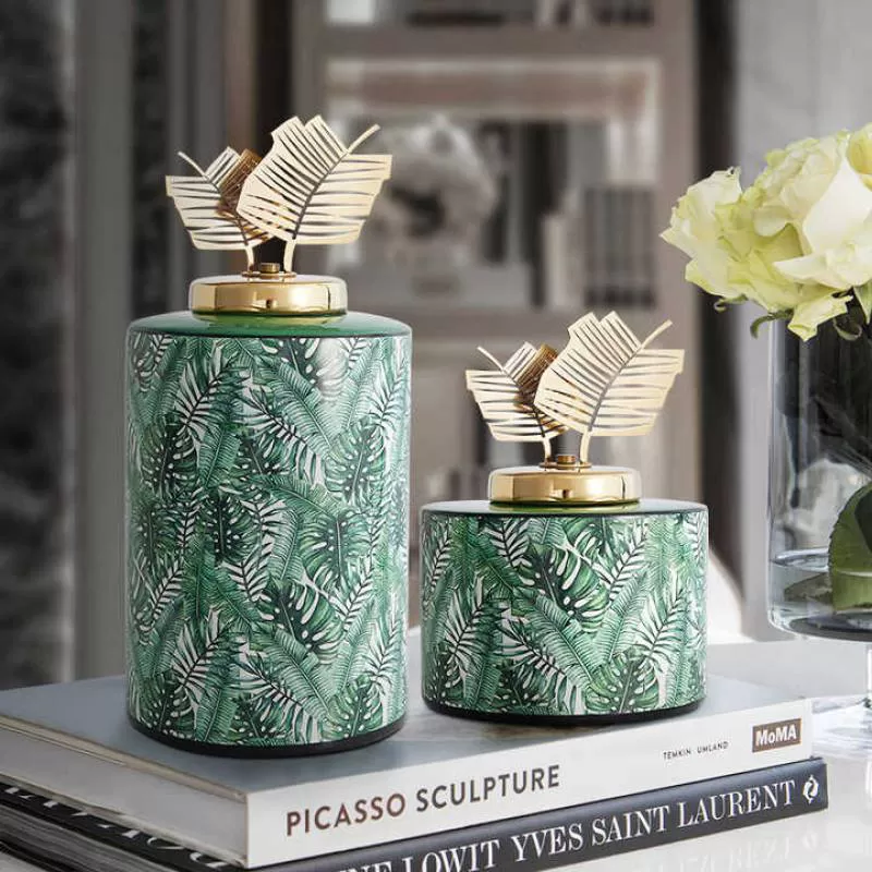 American Pastoral Style Vase Green Color Ceramic Decoration Flower Vase Model Room Soft Set Vase Storage Jar Furnishings