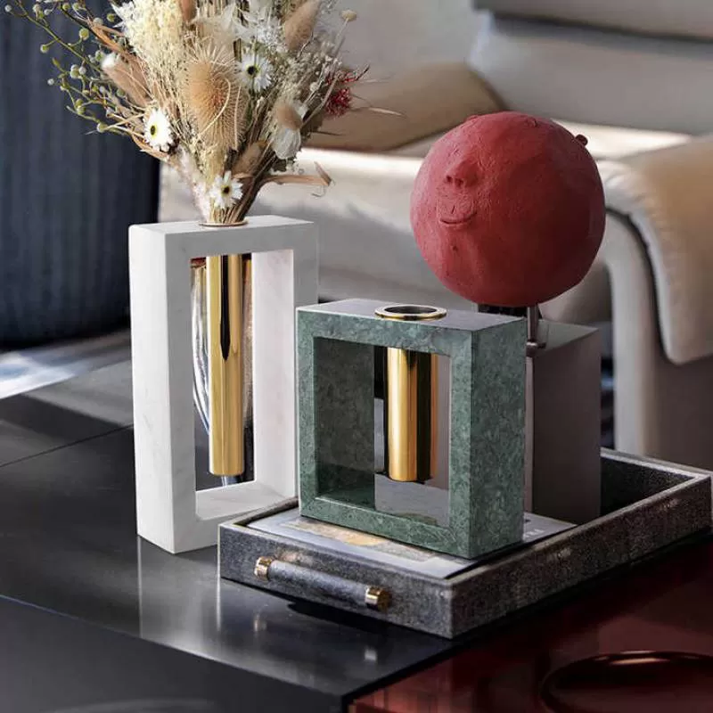 Nordic Geometric Vase Minimalist Square Oblong Green White Marble Decorative  Flower Pots