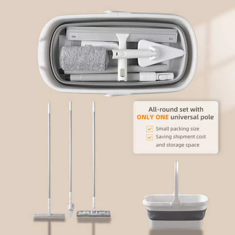 3 in 1 Flat Mop and Bucket Set with 3 Replaceable Heads Mops Cleaning Floor With Long Handle Glass Cleaner & Car Cleaning Brush