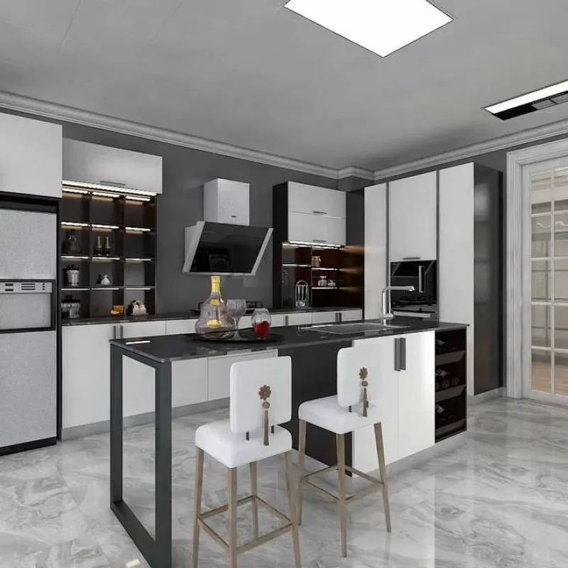 Customized Smart Modern Design Lacquer Matt Black 3D/4D Kitchen Cabinet With Island Cupboard Furniture