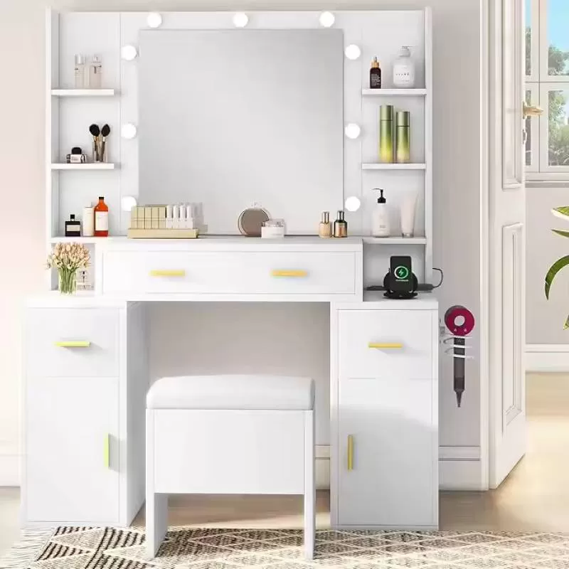 Modern Design LED Melamine Dressing Tables Charging Station 3-Color Model Drawers MDF Vanity Set Living Room Furniture Direct