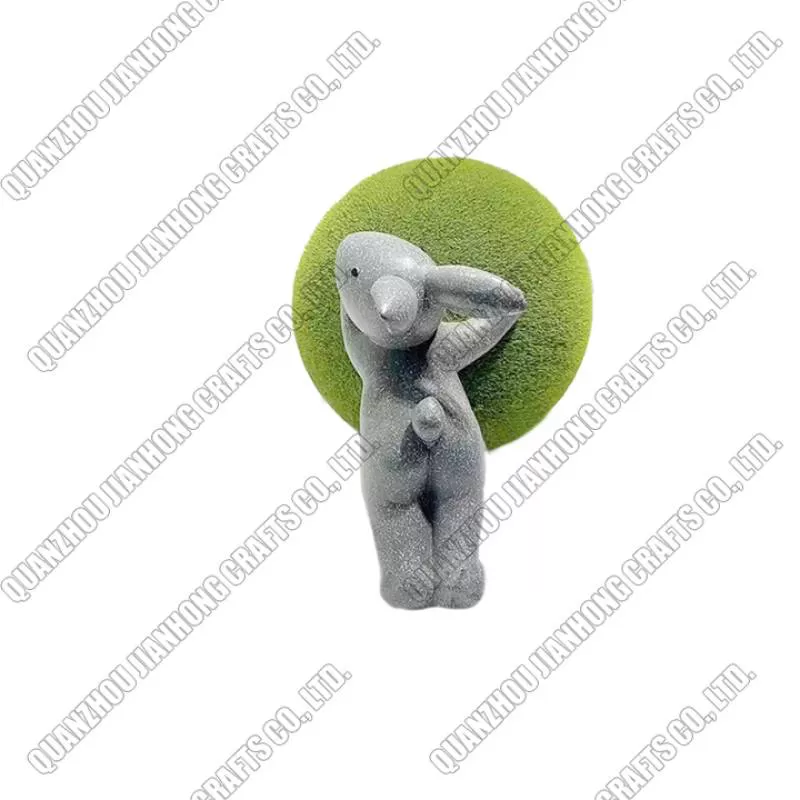 Green Resin Flocked Rabbit Decoration Easter Bunny Figurine Polystyrene Flocked Hare Statue