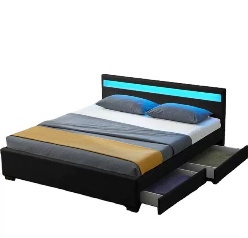 Black Leather LED Headboard Bed 4 Drawers Double & King