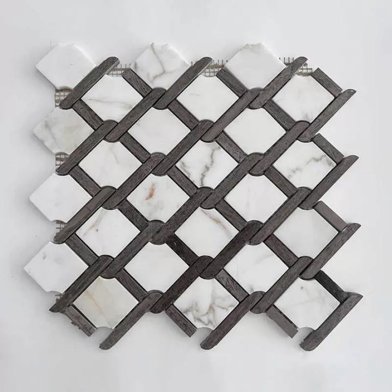 Irregular Mosaic Polished Surface Wall and Floor Mosaic Tile Carrara White Marble Basket Wave Mixed Stone Bathroom Mosaic Tile