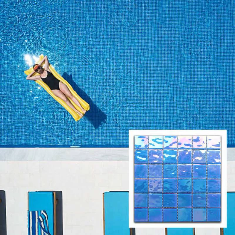 Wholesale Price Outdoor Aqua Blue White Iridescent Glazed Crystal Glass Swimming Pool Modern Design Square Mosaic 300x300 Tile