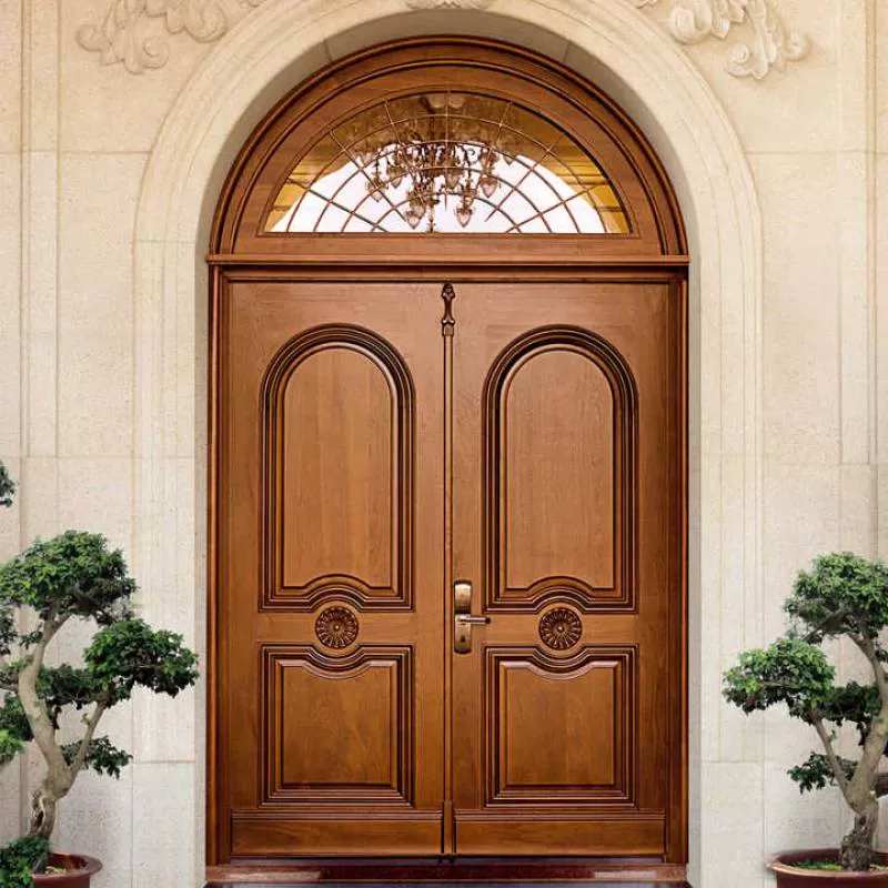 Exterior Home Double Leaf Wooden Front Entry Doors American Modern Round Arch Top Teak Solid Wood Main Front Doors for Houses