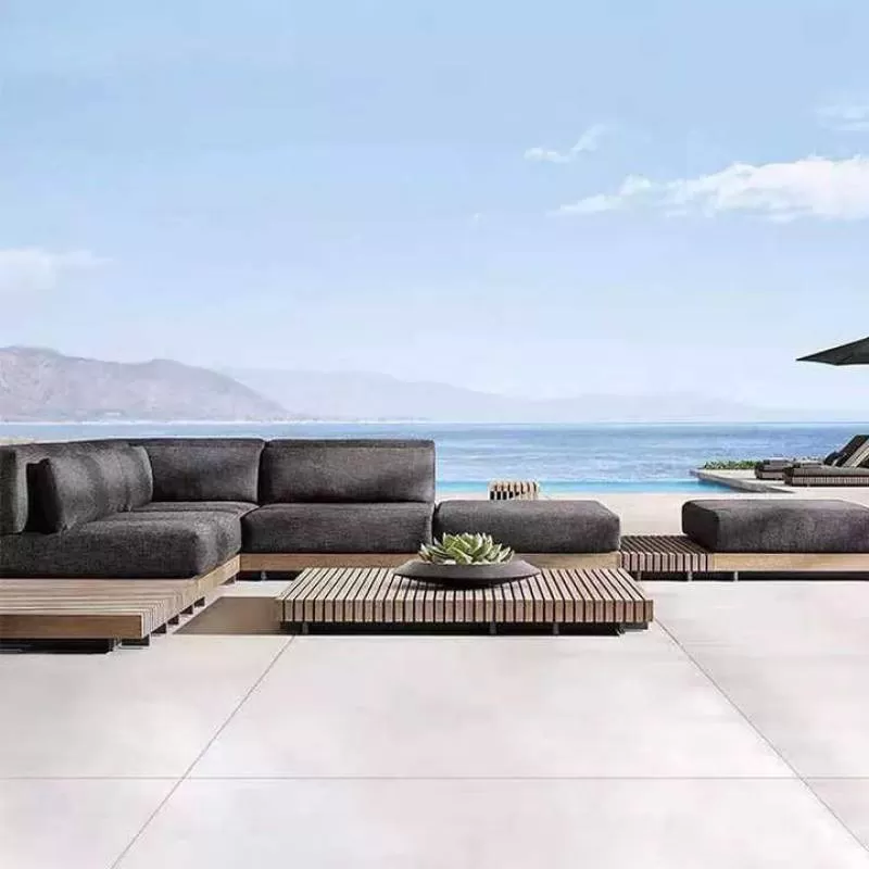 Patio Wood and Cane Teak Sectional Patio Garden Furniture Sofa Set Outdoor