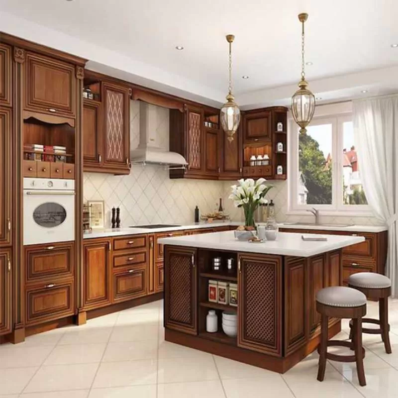 Sharked Teak Wood Design Kitchen Cabinets Solid Wood Shaker Cupboard with Curved Wood