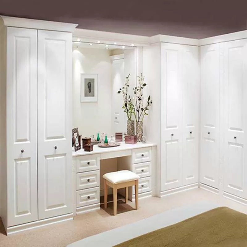 Modern l Shaped Bedroom Arched 3door Wardrobes Closet with Tv Dressing Table Vanity and Drawers Designs