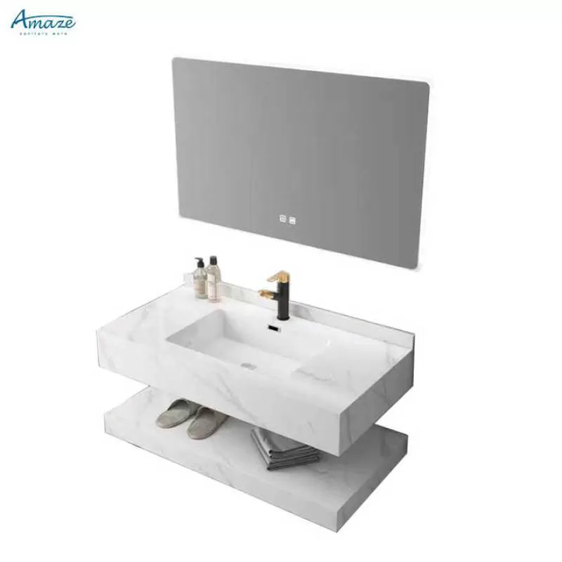 Double-layer Wall Hung Rectangle Lavabo Luxury Bathroom Vanity Sink White Sintered Stone Cabinet Hand Wash Basin