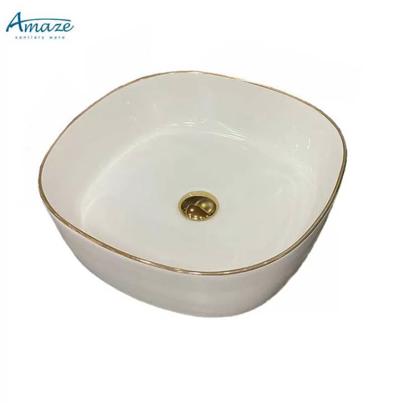 Modern White Rectangular Bathroom Sink Art Countertop Porcelain Lavabo Gold Edge Wash Hand Basin