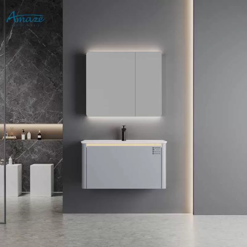 Modern Stainless Steel Bathroom Cabinet With Led Aluminum Mirror Cabinet and Wash Basin Wall Mounted for Home or Hotel Use
