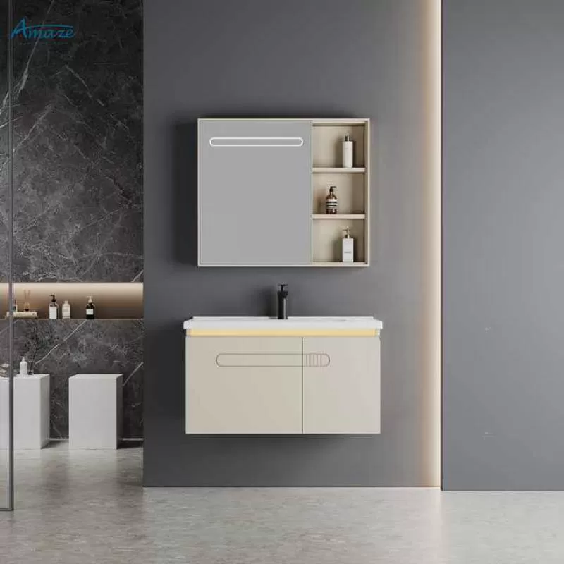 Modern Simple Rectangle Bathroom Vanity Stainless Steel Door Plate Sink Cabinet Bathroom Cabinet With Mirror