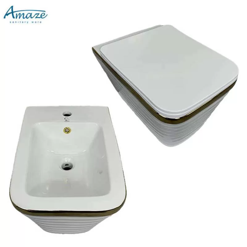 Ceramic Luxury Design Sanitary Ware European Wall Hung Wc Bathroom Suites Gold Plating Bidet Toilet Set
