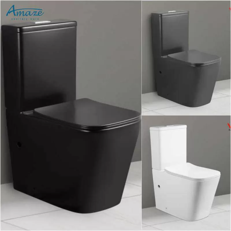 Hotel Bathroom Rimless Flush Ceramic Sanitary Ware Two Piece Back to Wall Matte Black Toilet Bowl