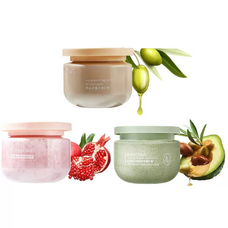 TWG RTS Three Flavors Body Exfoliating Scrub Moisturizing Body Care Squalane Red Pomegranate Avocado Body Scrub Wholesale
