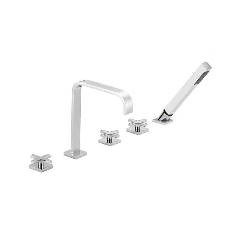 Modern Waterfall Roman Tub Filler Faucet with Hand-Held Shower Head, Deck Mount 5-Holes 3-Handles Widespread Bathtub Faucet Set