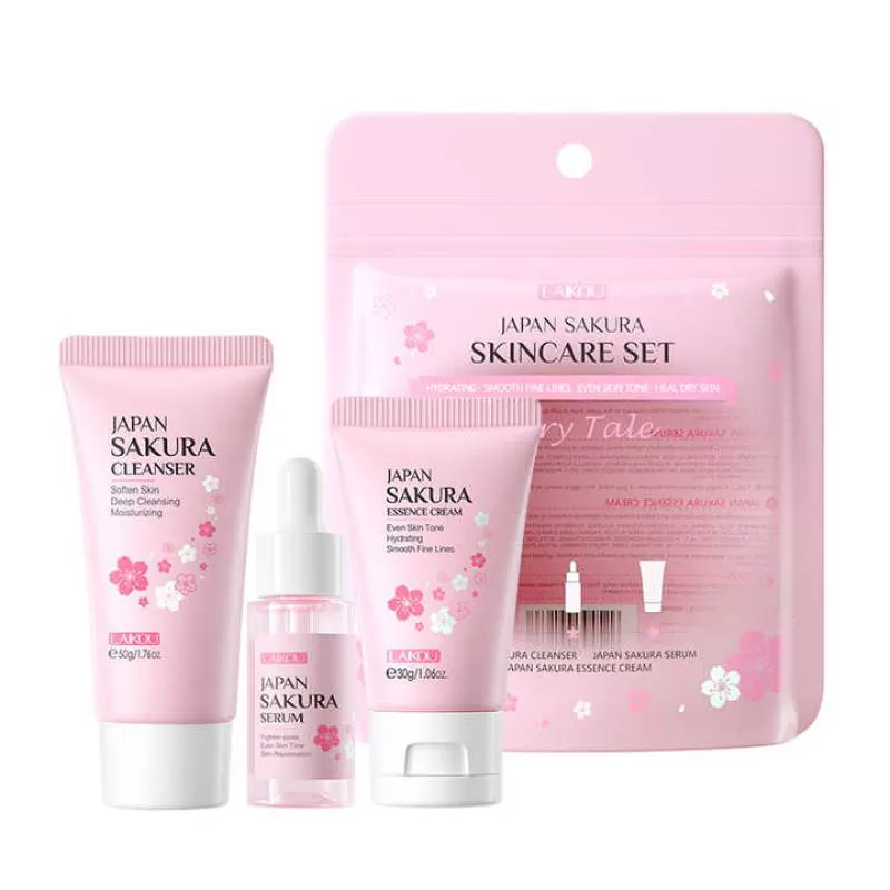 Oem Private Label SkinCare Set Whitening Brightening Lightening Natural Japan Sakura 3-Piece Skin Care Set