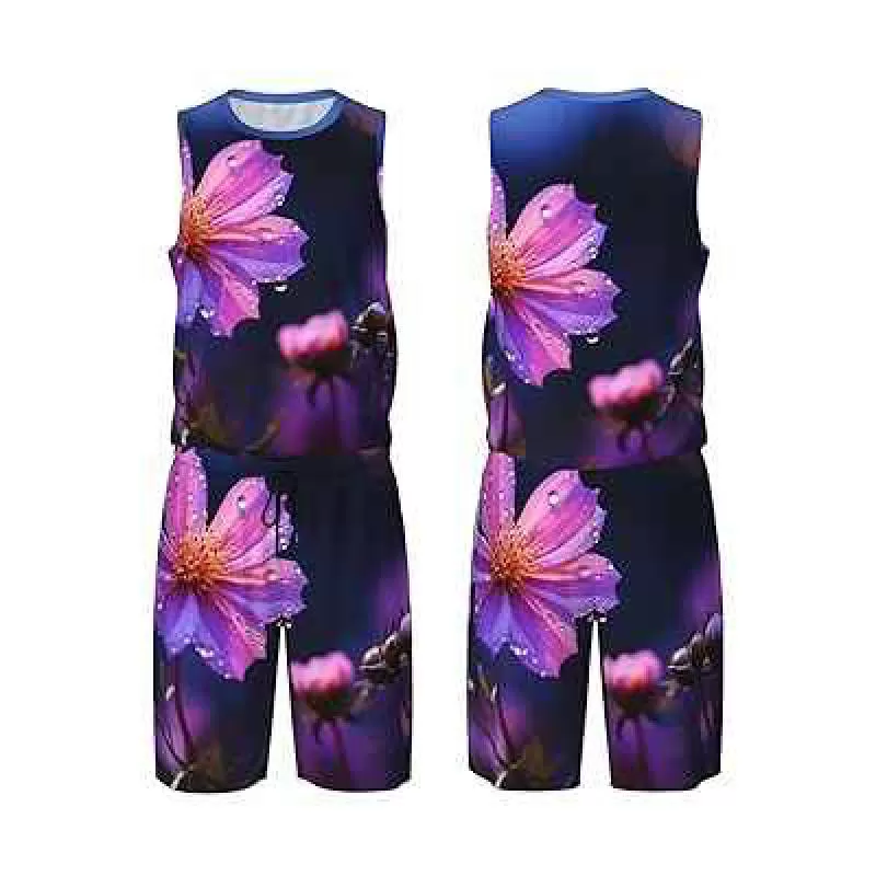 Mens Basketball Jerseys Purple Flowers at Night Uniform Suit Mesh Sports Jersey Outfits T-Shirt and Short Sets