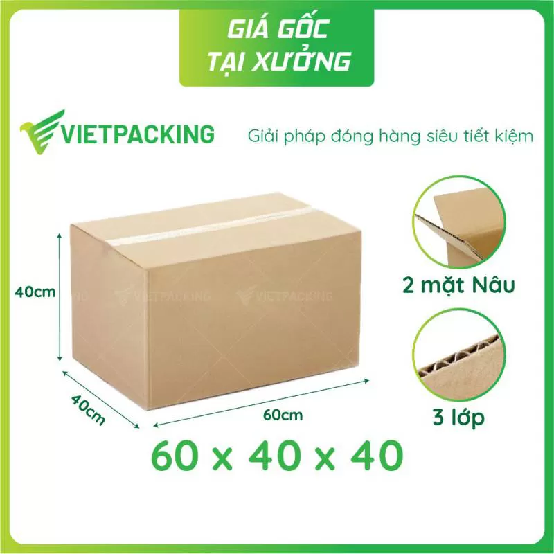 60x40x40 (3 lớp) – 3 thùng carton lớn chất lượng cao, siêu bền, cứng cáp