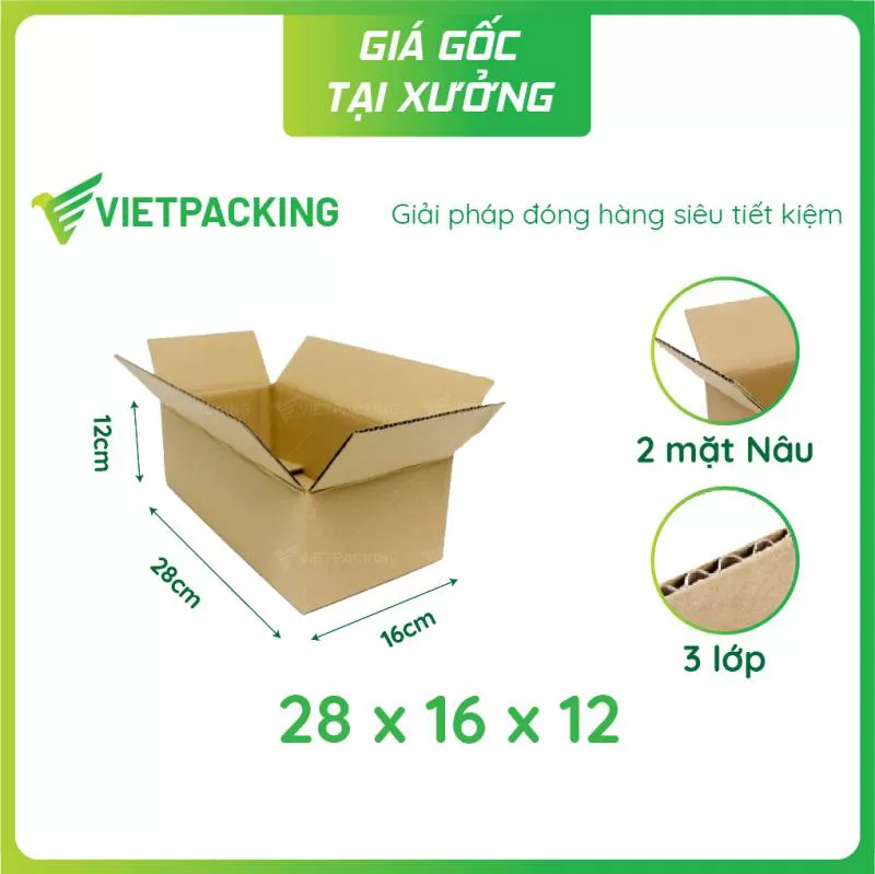 Hộp carton nắp gài khóa đáy đựng giày 28x16x12