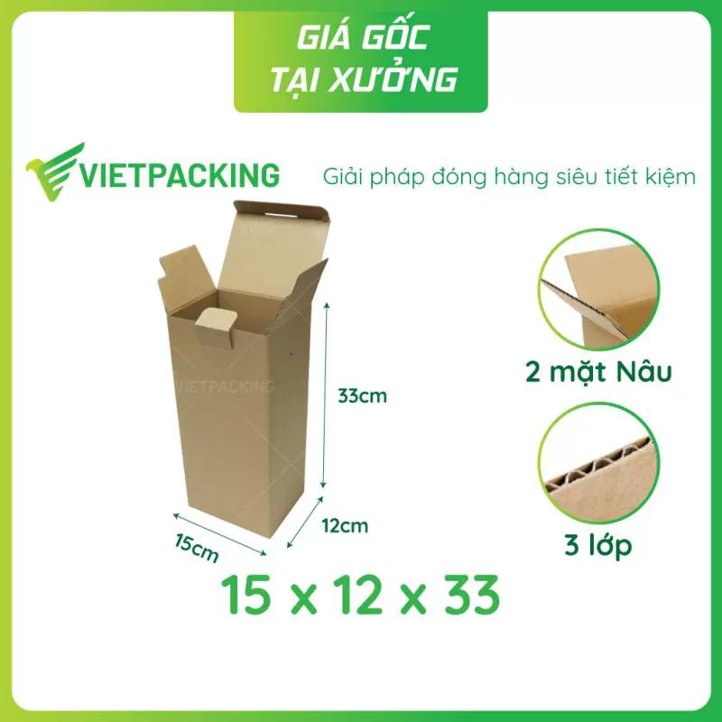 Hộp carton nắp gài 15x12x33 đáy khóa, gài 1 đầu