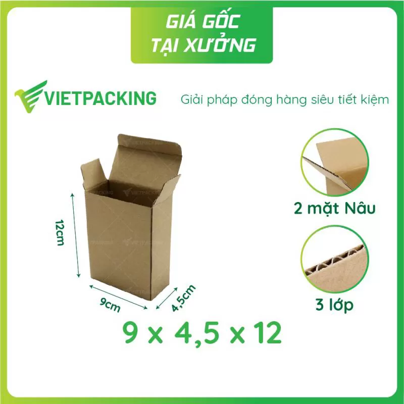 Hộp carton nắp gài 9x4,5x12 đáy khóa, gài 1 đầu - Vietpacking - Xưởng sản xuất, in ấn bao bì, hộp giấy
