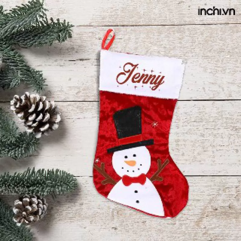 Tất đựng quà Noel hình người tuyết màu đỏ nhung