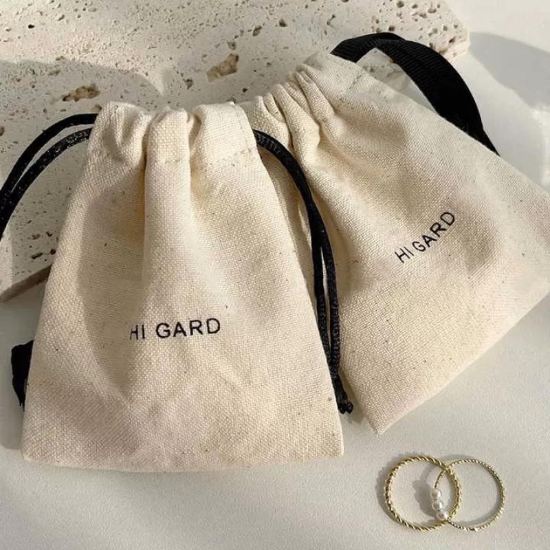 Custom Black Organic Linen Pouch Eco Cotton Drawstring Bag with Logo for Jewelry Custom Ribbon Jewelry Container