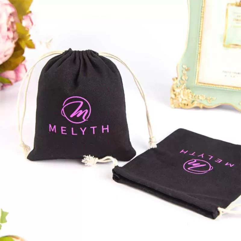 Durable Reusable Black Cotton Canvas Drawstring Bags Small Gift and Jewelry Pouch for Clothing and Socks Recyclable