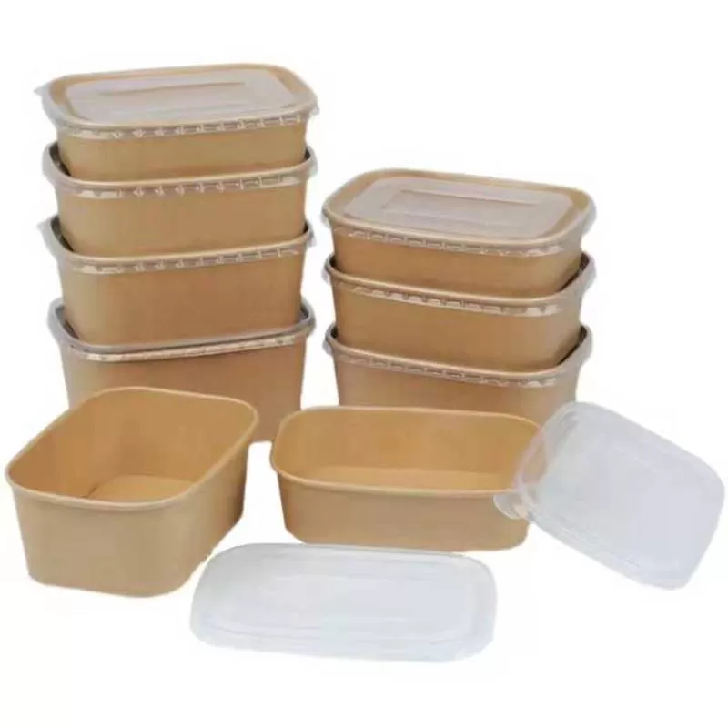 Disposable Double Wall Kraft Paper PE Coating Take Away Rectangle Salad Bowl with Lid Paper Bowl