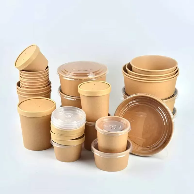 Senang02 White Brown Takeout Round Waterproof Oilproof Soup Disposable Kraft Paper Salad Bowl with Lid