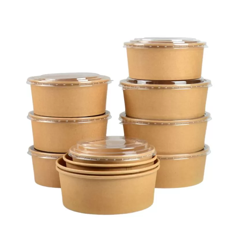 SenAng05 Ready to Ship 500ml Round Shape Kraft Salad Paper Bowl With PET Lid and Paper Lid Lunch Box Pe Coated Microwaveable