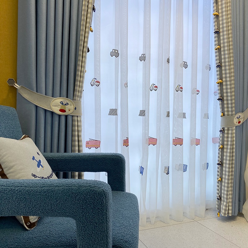 Rèm Vải Lanh Chống Dị Ứng Cho Phòng Trẻ Em, Thêu Họa Tiết Ô Tô, Kẻ Caro Xanh Vàng, Đạt Chuẩn